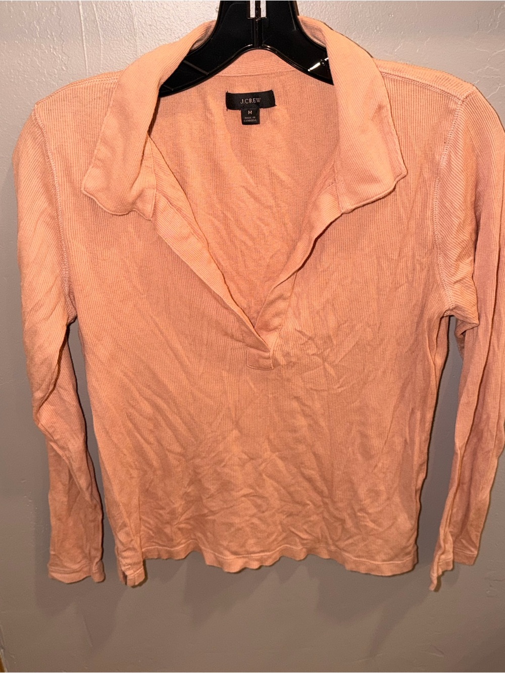 J. Crew Peachy Neutral Long-Sleeve Open-Collar Ribbed Polo T Shirt #446